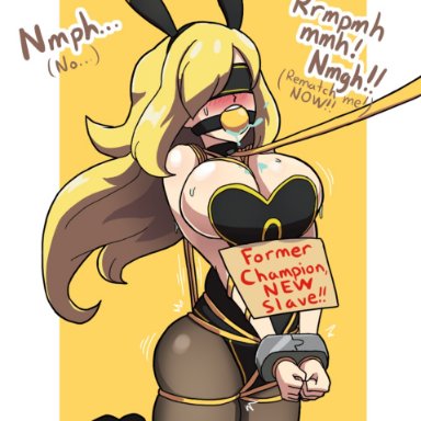 game freak, nintendo, pokemon, pokemon dppt, cynthia (pokemon), team galactic, ashamedox, alternate breast size, alternate costume, angry, arms in front, bad end, ball gag, blindfold, blonde hair