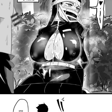 demon slayer, kimetsu no yaiba, kakushi, kamado tanjirou, nesz, big breasts, black clothing, blush, breast grab, breast play, cum, cum on body, cum on breasts, cum on face, femal