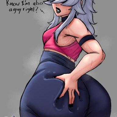 blake (slushiebest), slushiebest, 1boy, ass, ass focus, ass grab, blinding bangs, femboy, grabbing ass, grabbing own ass, hair covering eye, hair over eyes, lipstick, white hair, tagme