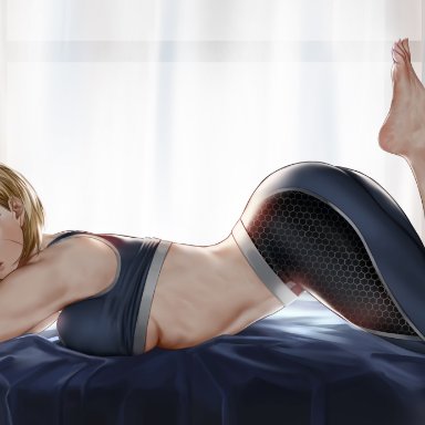 street fighter, street fighter 6, cammy white, easonx, 1girls, arched back, ass, ass up, athletic, athletic female, barefoot, blonde hair, blue eyes, breasts, feet