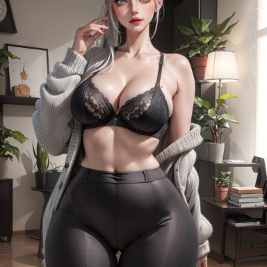 stable diffusion, 1girls, ai hands, clothed female, female focus, female only, huge breasts, long hair, looking at viewer, ponytail, solo female, solo focus, voluptuous, voluptuous female, white hair