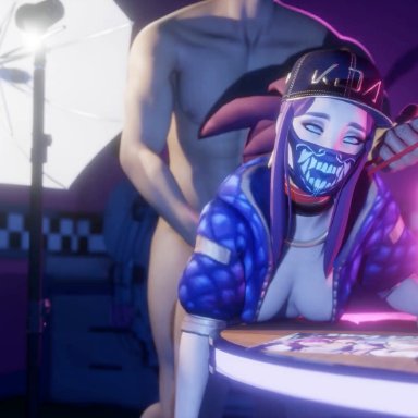 k/da series, league of legends, riot games, akali, k/da akali, sandflyactual, 1boy, 1girls, ambiguous penetration, asphyxiation, backstage, dead, doggy style, eyes rolling back, lanyard