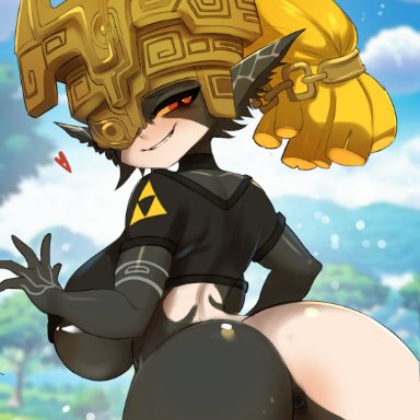 nintendo, the legend of zelda, imp midna, midna, ashraely, anus, ass, backboob, big breasts, blonde hair, blush, bottomless, breasts, female, heart