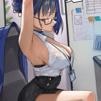 hololive, hololive english, ouro kronii, archinoer, 1girls, alternate costume, armpits, arms up, black hair, black skirt, blue hair, blue nails, breasts, chair, closed eyes
