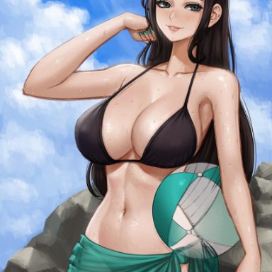 one piece, nico robin, 1girls, ball, beachball, big breasts, bikini, black bikini, black hair, breasts, busty, cleavage, female, female only, green eyes