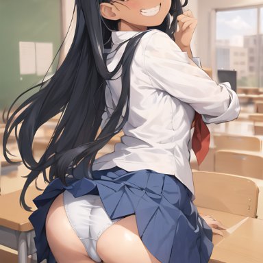 please don't bully me, nagatoro, hayase nagatoro, nai diffusion, stable diffusion, 1girls, ass, big ass, black hair, blush, brown eyes, classroom, female, female focus, female only, grin