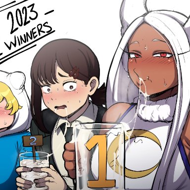 adventure time, boku no hero academia, cartoon network, chainsaw man, my hero academia, shounen jump, finn the human, higashiyama kobeni, miruko, rumi usagiyama, blackwhiplash, 1boy, 2girls, beer glass, beer mug