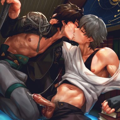 honkai: star rail, honkai (series), caelus (honkai: star rail), dan heng, bludwing, 2boys, abs, after cumshot, after fellatio, armpit hair, balls, ballsack, belly button, bulge, bulge through clothing