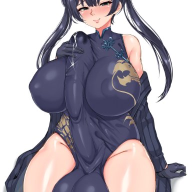 blue archive, kisaki (blue archive), pondbs, 1futa, alternate breast size, autopaizuri, balls, big breasts, black hair, breasts, china dress, clothed, clothing, elbow gloves, erection