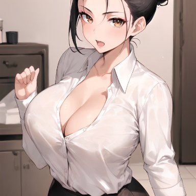 original, original character, stable diffusion, stuffyai, 1girls, black hair, button down shirt, buttoned shirt, female focus, female only, hair bun, huge breasts, looking at viewer, office, office lady