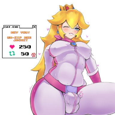 mario (series), super mario bros. (2023 film), princess peach, ryz ryz, 1futa, balls, big breasts, blonde hair, blush, blush lines, blushing at viewer, bodysuit, breasts, bulge, bulge through clothing