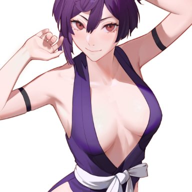 jigokuraku, yuzuriha (jigokuraku), drid, 1girls, armband, armpits, arms up, bare arms, blush, breasts, breasts apart, brown eyes, clothing cutout, female, hip vent