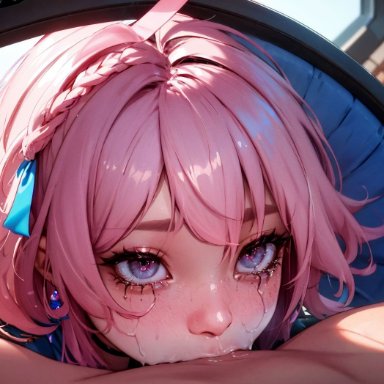 honkai: star rail, march 7th (honkai: star rail), bangs, blush, braid, deepthroat, earrings, fellatio, female, fluffymammoth, focus, jewelry, oral, pink hair, pov