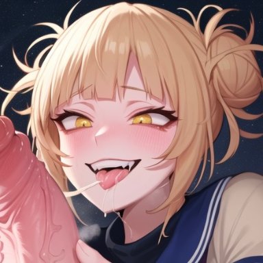 my hero academia, himiko toga, pixai, stable diffusion, wekilled god, blonde hair, blush, close-up, crazed expression, eager, female focus, grin, hair buns, huge cock, large penis