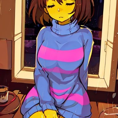 undertale, undertale (series), female frisk (undertale), frisk, frisk (undertale), pixai, 1girls, bottomless, brown hair, closed eyes, female, female only, hand on leg, indoors, large breasts