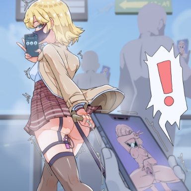 hololive, hololive english, watson amelia, moral cacoethes, !, airport, ass, blonde hair, blue eyes, blush, bob cut, breasts, cellphone, completely nude, covering own eyes