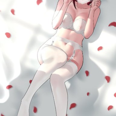 rooster teeth, rwby, ruby rose, sinccubi, 1girls, areolae, bed, black and red hair, blush, bra, breasts, female, holding panties, light-skinned female, light skin