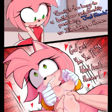 sega, sonic the hedgehog (series), amy rose, delicioussoup, accessory, anthro, anthro penetrated, big eyes, blush, bodily fluids, bouncing breasts, bracelet, breasts, clothing, dress