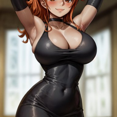 one piece, nami, amiral ai, 1girls, breasts, cleavage, female, hips, hourglass figure, huge breasts, latex, latex dress, long hair, orange hair, slim waist