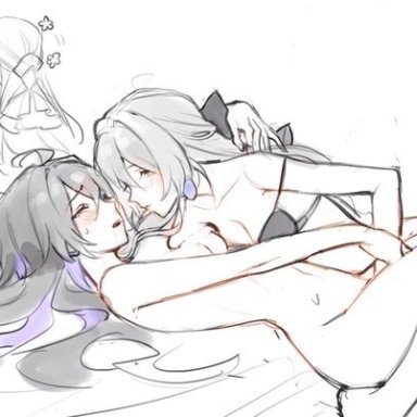 honkai: star rail, bronya zaychik, seele vollerei, mie xing, 2girls, blush, bra, canon couple, canon lesbian, closed eyes, female only, fingering, lesbian sex, vaginal, vaginal fingering