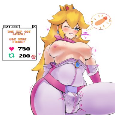 mario (series), super mario bros. (2023 film), princess peach, ryz ryz, 1futa, areolae, balls, big breasts, blonde hair, blush, blush lines, blushing at viewer, bodysuit, breasts, bulge