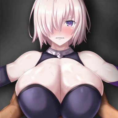 fate/grand order, fate (series), mash kyrielight, juno (artist), 1boy, 1girls, alternate breast size, big breasts, blush, breast hold, breasts, cleavage, closed eyes, cum, cum between breasts