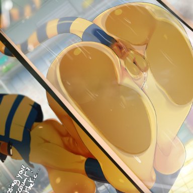 animal crossing, nintendo, ankha (animal crossing), ashraely, 1girls, against surface, anthro, anus, areola, ass, ass on glass, bent over, big breasts, big butt, black eyes