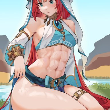 genshin impact, nilou (genshin impact), cromwellb, abs, bare shoulders, blue skirt, blue sky, breasts, brooch, circlet, crop top, detached sleeves, fake horns, feet out of frame, female
