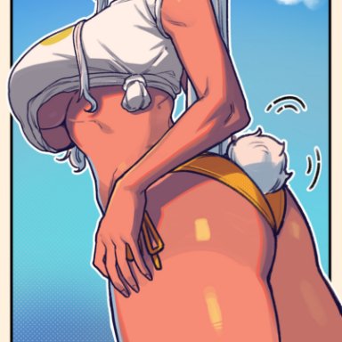 my hero academia, miruko, rumi usagiyama, 1girls, ass, bikini, bikini under clothes, breasts, dark-skinned female, dark skin, female, large breasts, masgamjya, one eye closed, ponytail