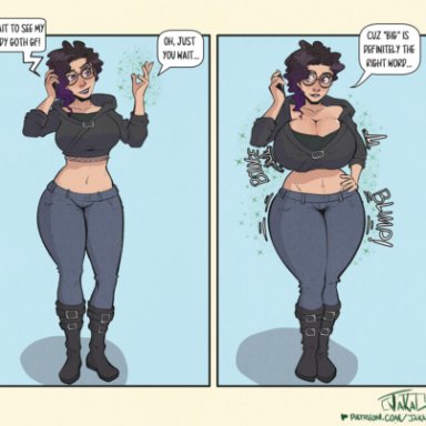 jakal63, ass expansion, big titty goth, biting lip, boots, breast expansion, breasts bigger than head, buckles, glasses, hand on hip, hoodie, hourglass expansion, hourglass figure, huge breasts, jeans