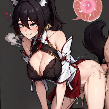 honkai: star rail, honkai (series), tingyun (honkai: star rail), miyaki, 1boy, 1girls, ahe gao, animal ear fluff, animal ears, bare shoulders, breasts, brown hair, cum, cum in pussy, cum inside