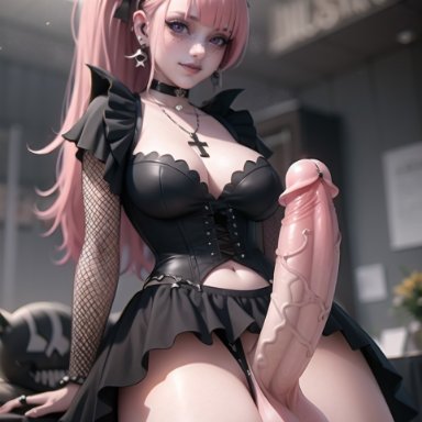 puffyart, 1futa, bangs, belly button, big penis, cleavage, collar, corset, cross, dickgirl, earrings, fishnet armwear, fishnet legwear, fishnets, futa only