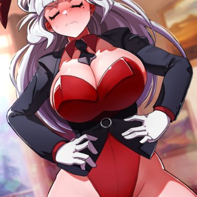 helltaker, lucifer (helltaker), fujioka yatsufusa, 1girls, ass visible through thighs, big breasts, big thighs, black tie, blush, blushing profusely, breasts, bunny costume, bunny ears, bunnysuit, cleavage