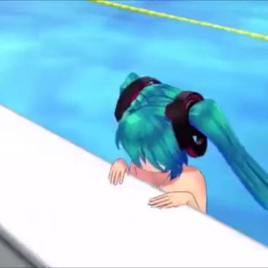 vocaloid, hatsune miku, 1girls, 2boys, alternate breast size, anal, anal sex, aqua eyes, aqua hair, ass up, assjob, audible creampie, begging for more, bent over, big breasts