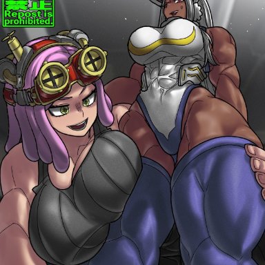 my hero academia, mei hatsume, miruko, rumi usagiyama, shosho oekaki, 2girls, age difference, dark-skinned female, dark skin, detailed background, goggles, height difference, holding legs, huge breasts, mechanic