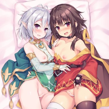 princess connect!, kokkoro (princess connect!), megumin, artist request, unknown artist, 2girls, areolae, bandaged leg, belt collar, black legwear, blush, breasts, brown hair, choker, clothing