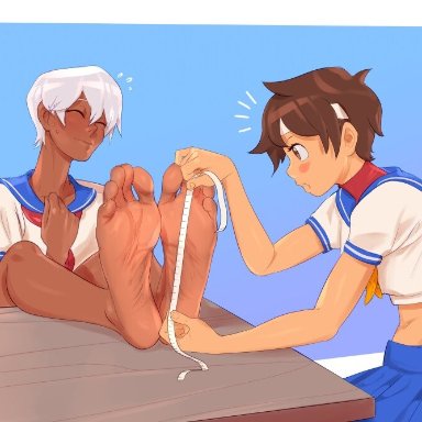 capcom, street fighter, elena (street fighter), sakura kasugano, staerk, 2girls, asian female, barefoot, big feet, brown hair, dark-skinned female, dark skin, embarrassed, feet, feet up