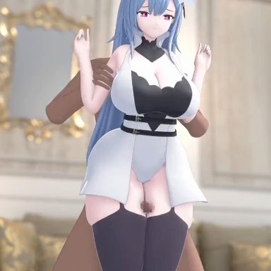 azur lane, voroshilov (azur lane), schweinworks (schwein00works), 1boy, blue hair, bouncing breasts, clothed female nude male, dark-skinned male, dark skin, flower in hair, indoors, light-skinned female, light skin, pink eyes, thigh sex