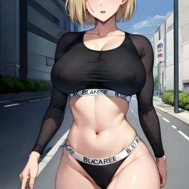 dragon ball super, dragon ball z, android 18, stable diffusion, 1girls, ai hands, anime nose, blonde hair, blue eyes, city, clothed female, curvaceous, curvy body, curvy female, huge breasts