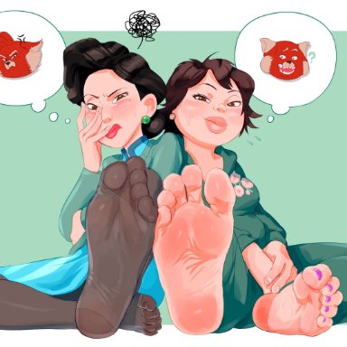 disney, pixar, turning red, lily (turning red), ming lee, staerk, 2girls, asian, asian female, barefoot, black hair, brown hair, duo, embarrassed, feet