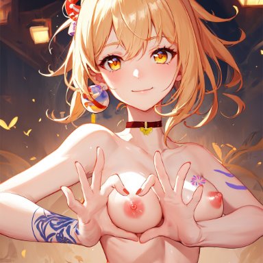 genshin impact, yoimiya (genshin impact), nai diffusion, stable diffusion, 1girls, breasts, choker, female, heart, looking at viewer, medium breasts, nipples, nude, nude female, orange eyes