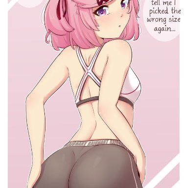 doki doki literature club, raionart, ass, ass focus, back view, bare arms, bare back, blush, butt focus, butt grab, clothing, concerned, embarrassed, excercise, female