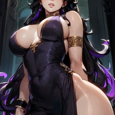 greek mythology, hecate (greek mythology), erotic nansensu, stable diffusion, 1girls, ai hands, black hair, clothed female, female focus, female only, goddess, huge breasts, long hair, looking at viewer, looking down