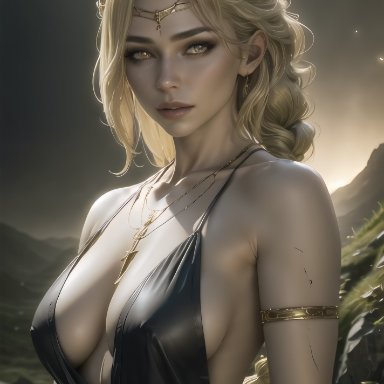 elden ring, fromsoftware, queen marika the eternal, stable diffusion, blonde hair, light-skinned female, solo, solo female, yellow hair, ai generated, realistic