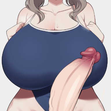 blue archive, moe (blue archive), cham22, 1futa, balls, big breasts, blonde hair, blush, bottomless, breasts, clothed, clothing, erection, eye contact, futa only