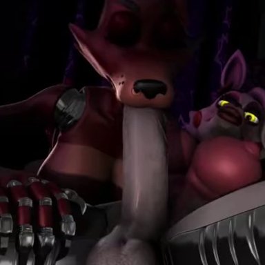 five nights at freddy's, five nights at freddy's 2, fuck nights at frederika's, scottgames, foxy (fnaf), mangle (fnaf), sfrogue, 1futa, 1girl, animatronic, anthro, balls, blowjob, blowjob gesture, breasts