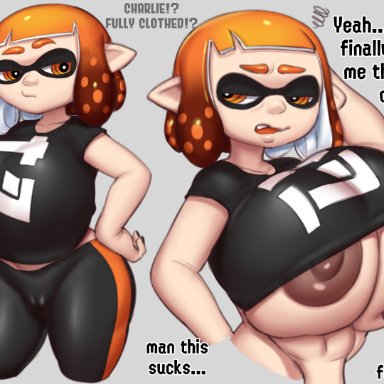 nintendo, splatoon, splatoon (series), charlie (gray impact), inkling, gray impact, ambiguous gender, animal humanoid, anthro, big breasts, bottomwear, breast grab, breasts, breasts bigger than head, camel toe