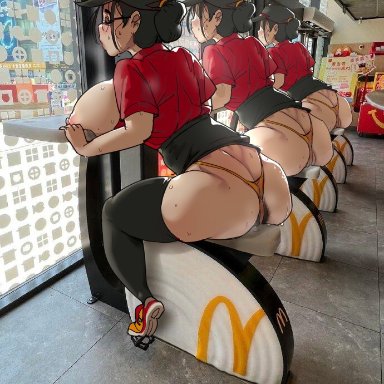 mcdonald's, onlineworms, 3girls, ass, baseball cap, black hair, black hat, black legwear, black skirt, breasts, collared shirt, curvy, exhibitionism, fast food uniform, female