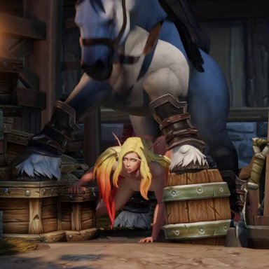 blizzard entertainment, warcraft, world of warcraft, blood elf, original character, vell(vellektra), vellektra, 1animal, 1girls, belly bulge, bent over, blonde hair, doggy style, equine penis, horse