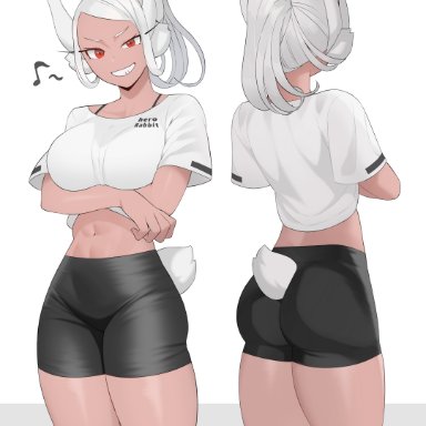 my hero academia, miruko, rumi usagiyama, ko koyap, 1girls, animal ears, ass, belly shirt, breasts, bunny ears, bunny tail, dark-skinned female, eyelashes, female only, front and back